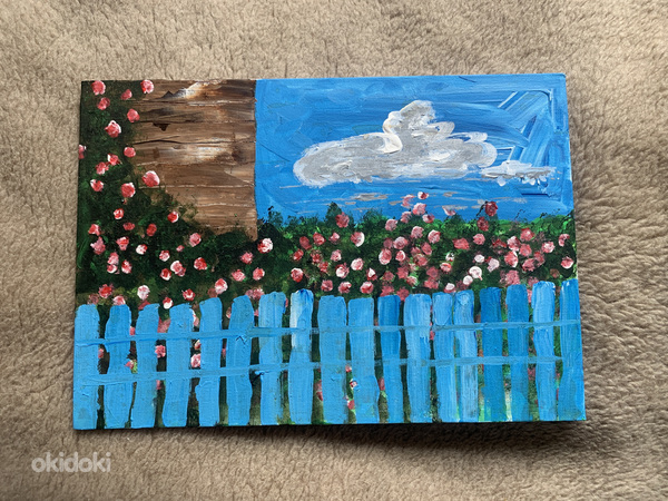 Maal Põõsas lilledega maja juures. Akrüül 21x30 Eesti