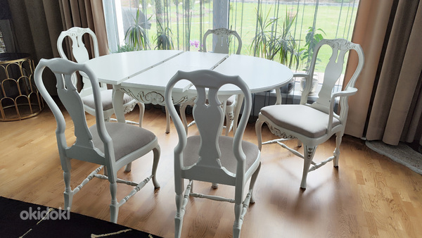 Väga ilus valge söögilaud ja 5 tooli (foto #1)