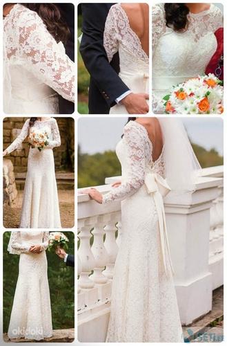 Элегантное кружевное свадебное платье фассона руссалка (фото #1)