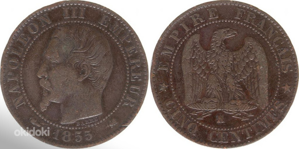 Монета Франция 5 сантимов Наполеон III - Без шляпы - 1855 K Бордо