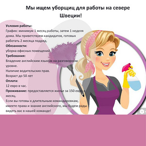 Работы на севере Швеции для уборщиц!