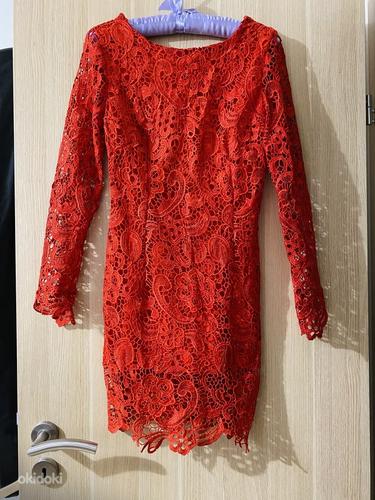 Эффектное ярко-красное роскошное кружевное мини-платье (фото #1)