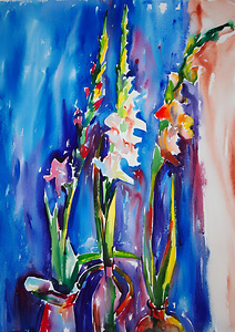 Abstraktsed lilled akvarellis 50 × 70 cm, originaalmaal (1 foto / 2)