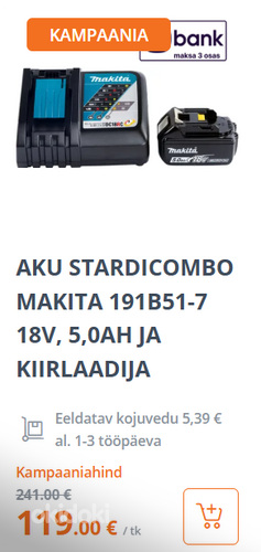 Uus pakendis Makita aku 18V 5,0Ah ja kiirlaadija DC18RC