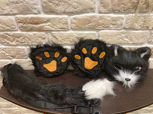 Kassikostüüm, käpad, saba, mask. (uus) (1 foto / 1)
