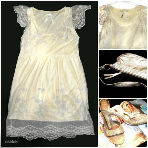 Нарядное золотисто-бежевое кружевное платье, 38-40-M-L (фото #3)