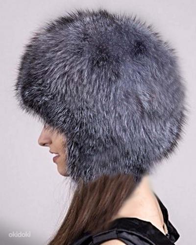 Шикарная шапка-капюшон из серебристой чернобурой лисы, новая (фото #4)