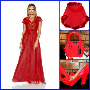 Ярко-красное шифоновое длинное вечернее платье, 40- 42-UK14