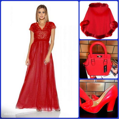Ярко-красное шифоновое длинное вечернее платье, 40- 42-UK14 (фото #1)