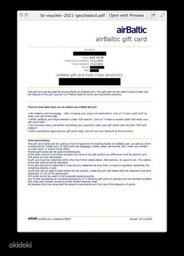Подарочная карта airBaltic air baltic на сумму 154,98 евро (фото #1)