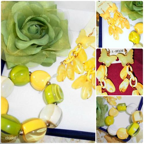 Модный желто-зеленый комплект: браслет-стрейч +серьги, новый (фото #2)