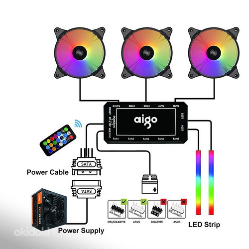 6x ARGB LED 120mm fan ventilaatorite komplekt puldiga AIGO (foto #7)