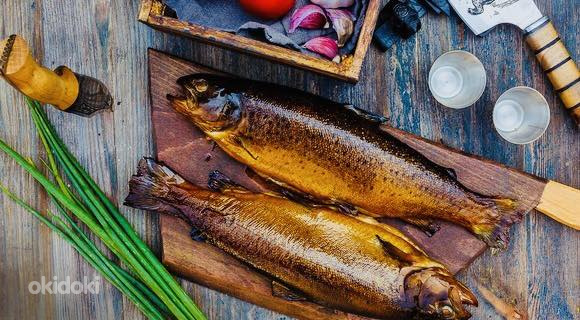Маринованные миноги, угорь, осётр. Горячего копчения рыба. Креветки.