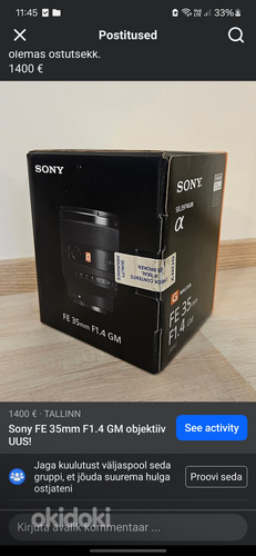 Sony FE 35mm F1.4 GM objektiiv UUS!