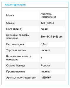 Чемодан ткань Impreza синий 4 съемных колеса 80х46х37(+3) см (7 фото из 9)