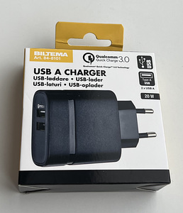Biltema USB charger with 2 ports, Type A, QC 3.0