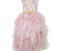 Lesy Luxury Jacquard Flower Girls Pink-Gold Long Tulle Dress