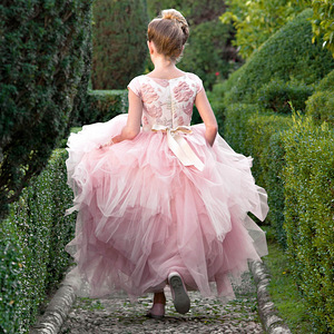 Lesy Luxury Jacquard Flower Girls Pink-Gold Long Tulle Dress (4 foto / 5)